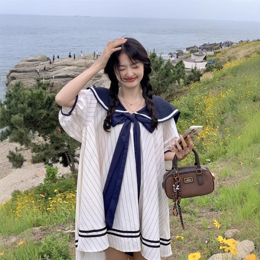 3日出荷 ワンピース夏 新作 韓国系 若見え ネイビーカラー 立体リボン ゆったり 春服 レディース