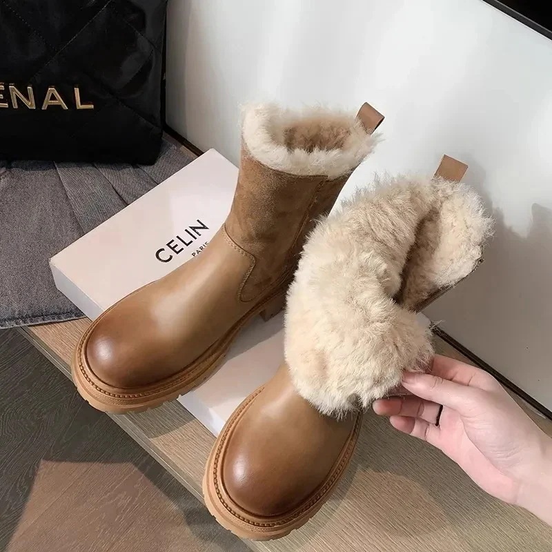 毛靴 厚手 ふわふわ 靴 裹起毛 滑り止め 厚底靴 皮毛一体 プラッシュ ブーツ ショートブーツ マーディンブーツ ブーツ カップル スーノーブーツ ショートミドルブーツ ブレッドシューズ