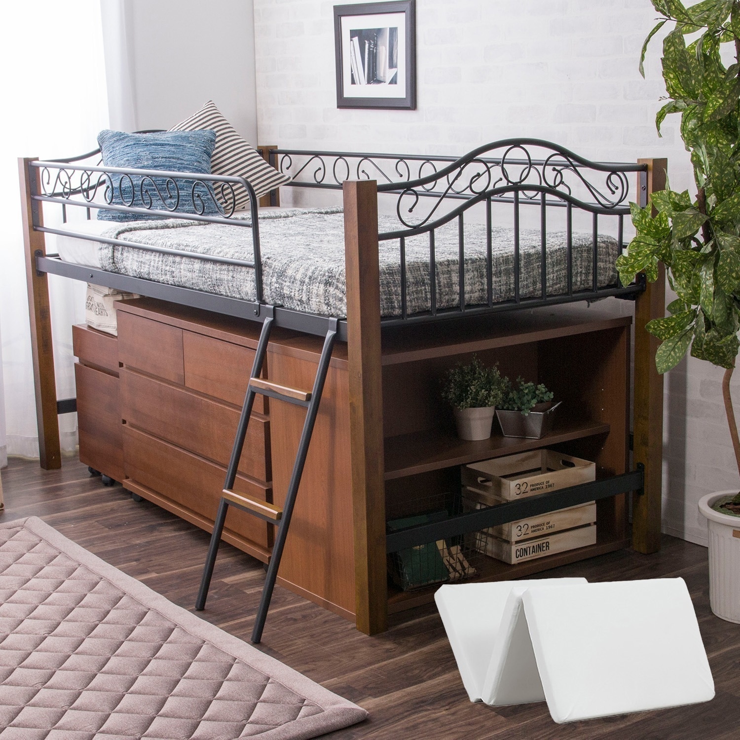 ベッド クラシック調ミドルベッド ハイタイプベッド ミドルタイプベッド アイアンベッド マットレスセット 高反発 マットレス 3つ折り ウレタン