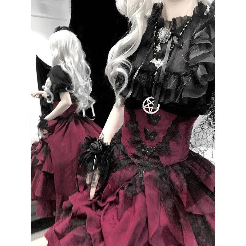 和服コスチュームコスチュームマナーダークゴシックスタイルロリータ黒シャツ赤プルアップスカートスーツロリータ