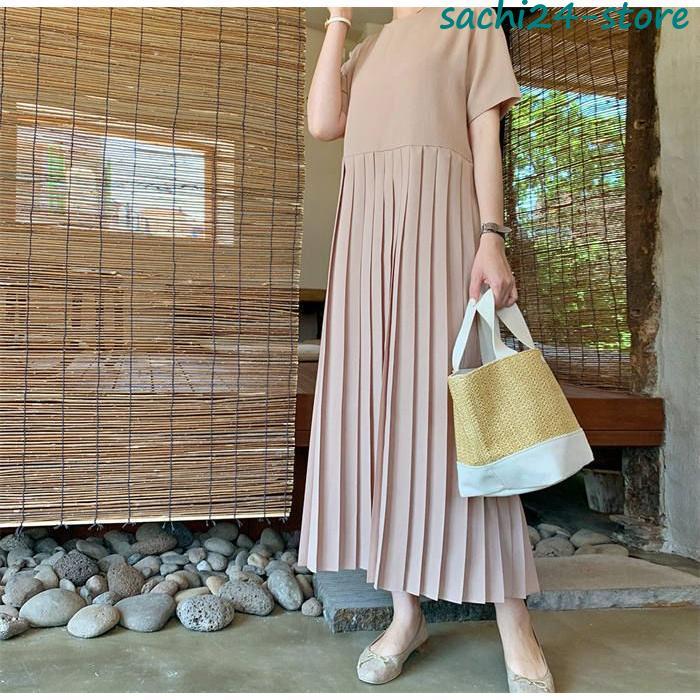 プリーツワンピース 半袖 ワンピース 春 夏 夏服 ロングワンピース プリーツ ロング丈 ワンピ レディース マキシ丈 柔らかい 着心地 カジュアル 20代