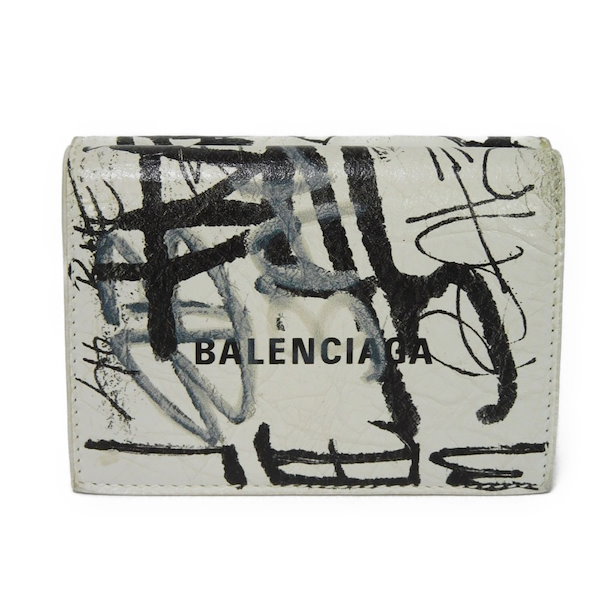 Qoo10] BALENCIAGA 【中古】 三つ折り財布 落書き ホワイト