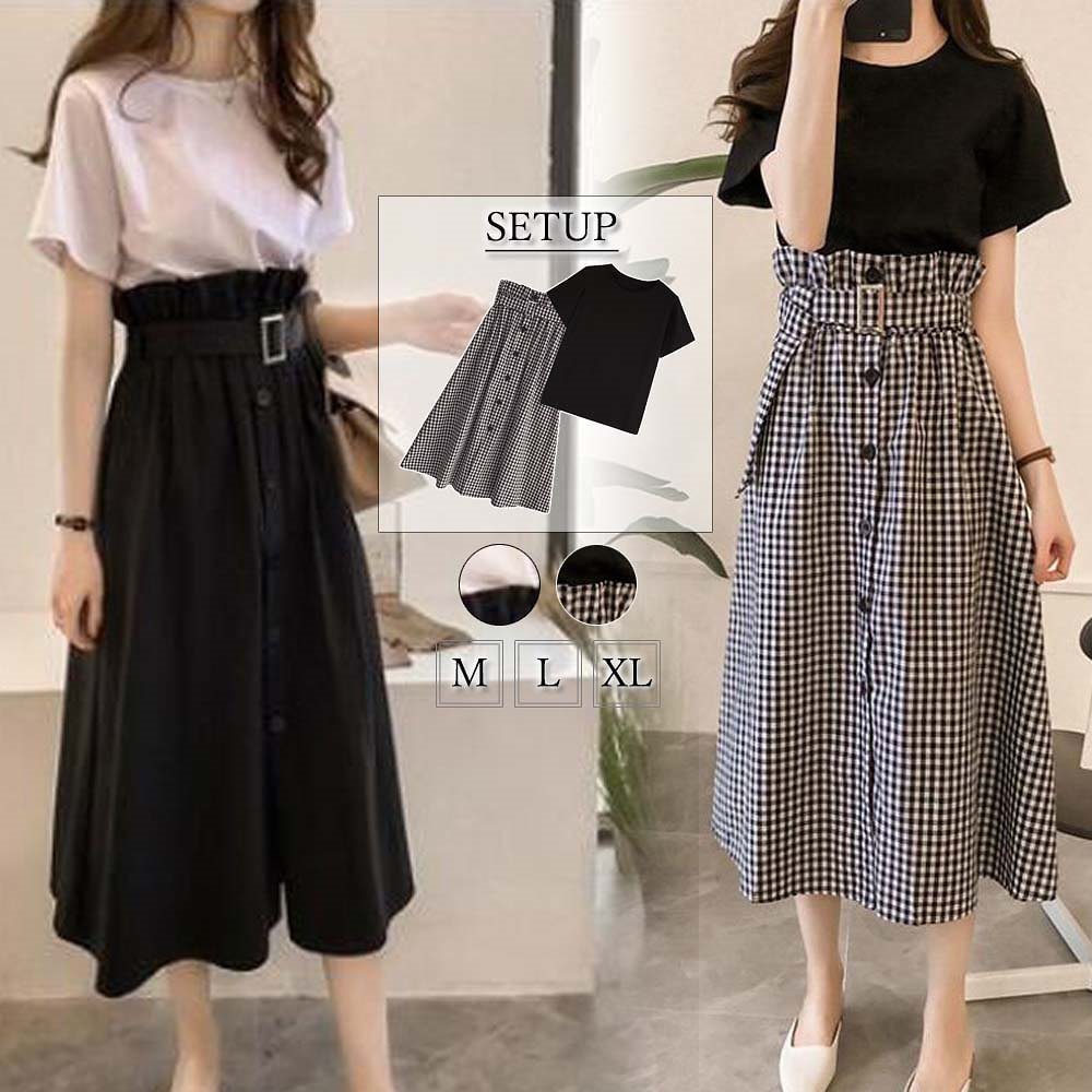 セットアップ レディース 夏 ｔシャツ 半袖 ハイウエスト トレンチスカート ミモレ丈
