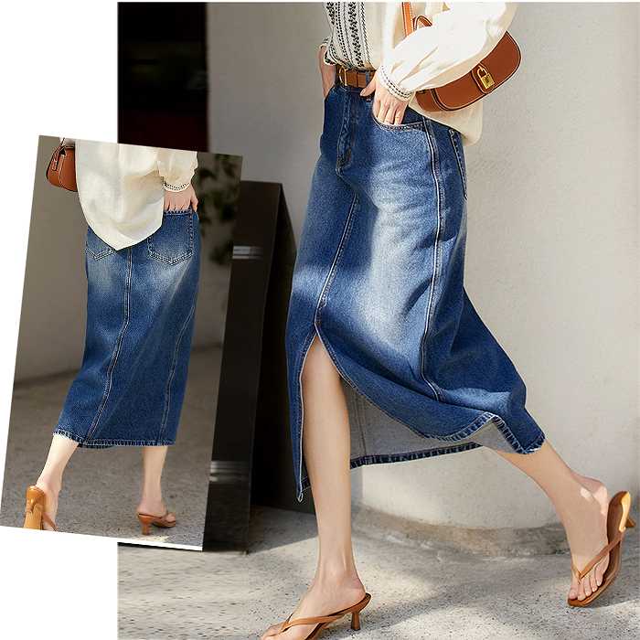 【本日限定】大人デニムスカート　ミモレ丈　前スリット　タイトスカート　定番　シンプル　sk-2501-2