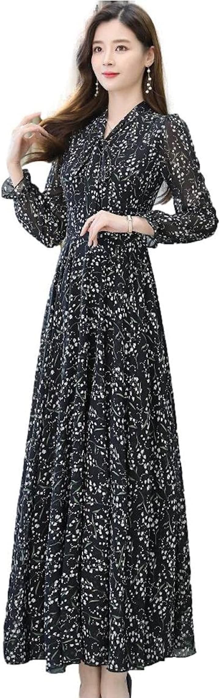 ロングシフォンワンピース レディース 小花柄 長袖 パフスリーブ ボウタイリボン ハイウエスト Ａライン フレア 上品 体形カバー スタイリッシュ 細見え JS08(ブラック, L)