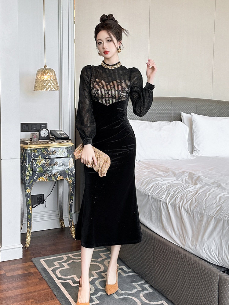 【JY.上品】 2024秋冬新品 ベルベット ドッキングワンピース ダイヤモンド飾り ドレス パーティー キャバ 大人 同窓会 披露宴 卒業式 結婚式 演奏会 ウェディング 二次会 メガ割