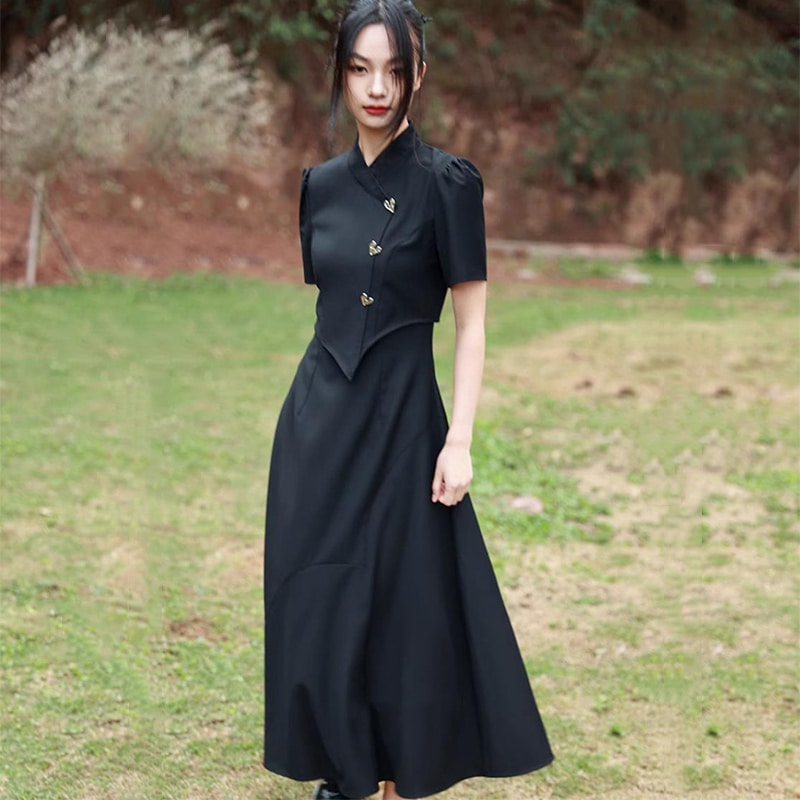 チャイナ風ワンピース ロング 半袖 黒 重ね着風ワンピース 卒業式 パーティードレス