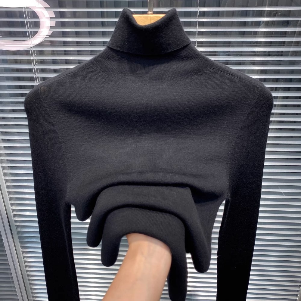 レディース ハイネック ソフトで厚手のウール ベースレイヤー セーター2025年秋冬 ブラック ニット ラペル ハイエラスティック スリムフィット セーター