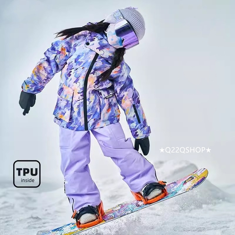 スノボウェア 2025 上下セット キッズ 子供 ベビー服 ジャケット アウター 迷彩紫 オーバーオール つなぎパンツ ズボン スノーボードウェア スキーウェア 防寒着韓国風 女の子 男の子 こども