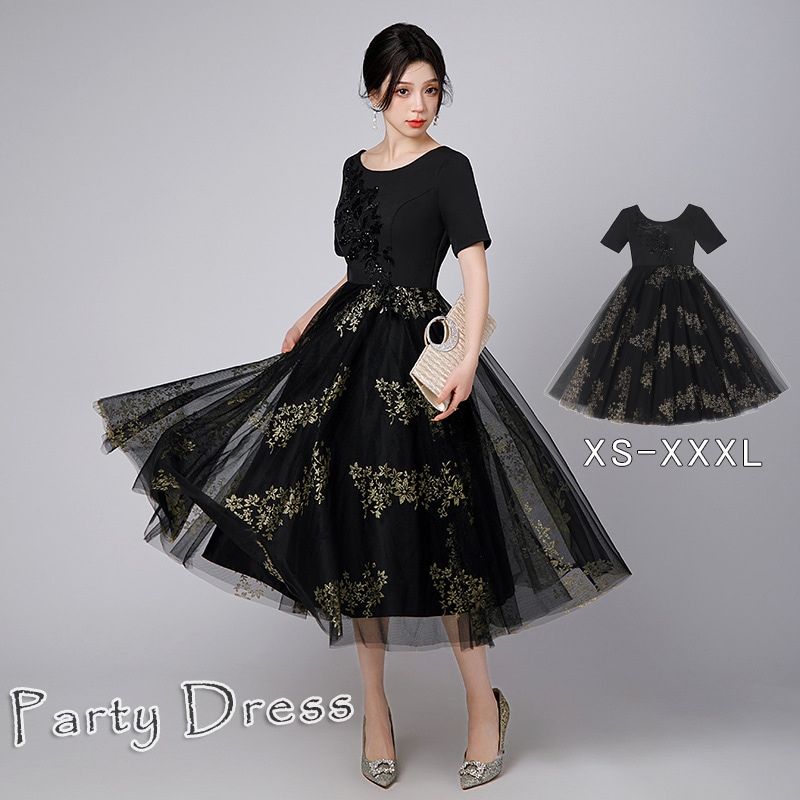 パーティードレス 結婚式 ワンピース ドレス ミモレ丈 花柄刺繍 ワンピース お呼ばれドレス 袖あり 半袖 ニ次会 フォーマル セレブ 二次会 2次会 パーティードレス ミモレ丈 フォーマル 入園式