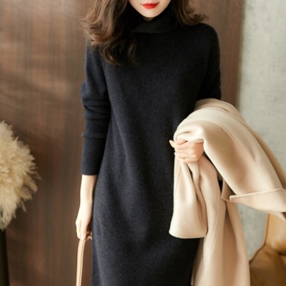 薄手ハイネックニットロングワンピース ワンピース ニット ミモレ丈 長袖 ハイネック スリム