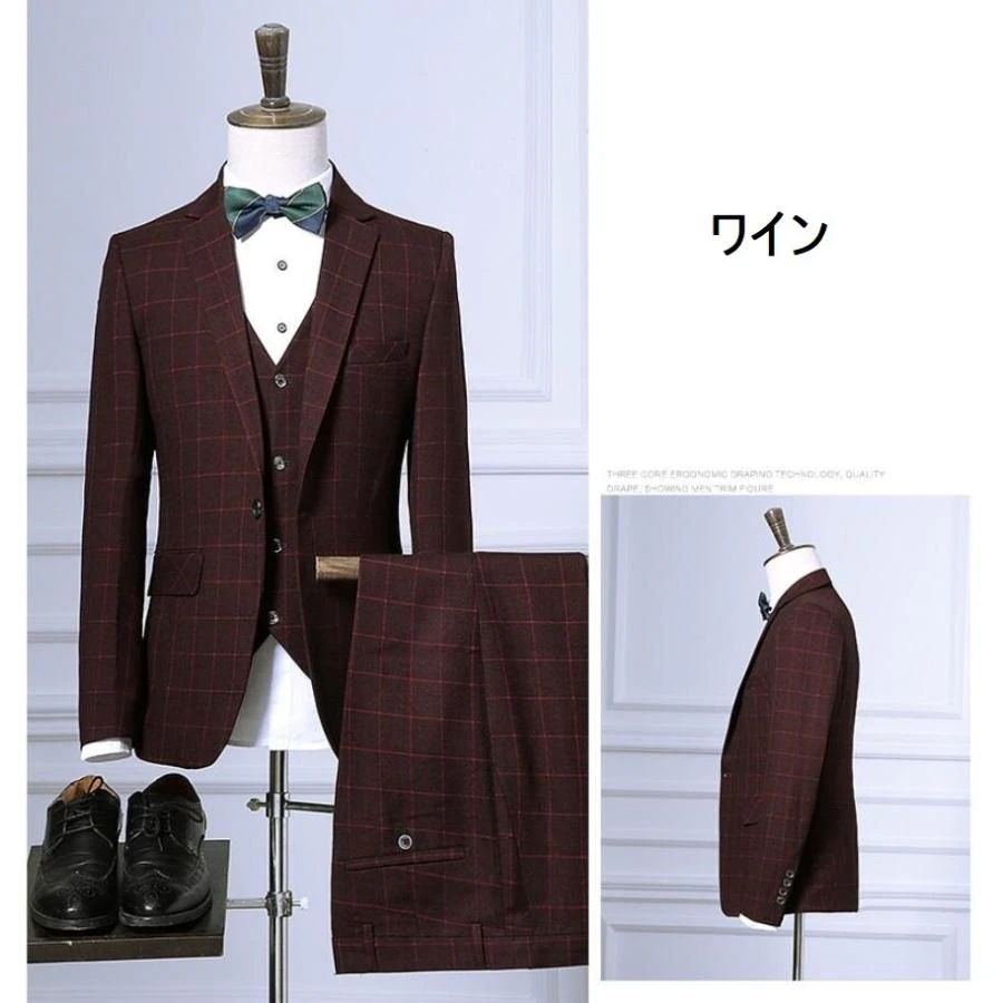 チェック柄 メンズスーツ 3点セットスーツ 1つボタンスーツ タキシードスーツ フォーマルスーツ 結婚式 二次会 成人式 卒業式 就職活 ビジネススーツ 披露宴-441 7,233円