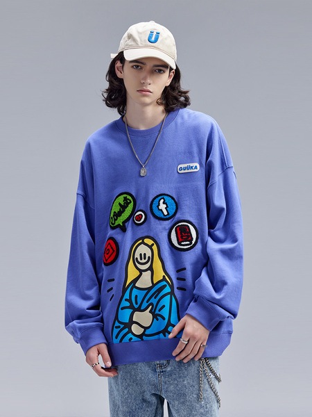 秋ヒップホップカラー刺繍ルーズラウンドネックトレーナー