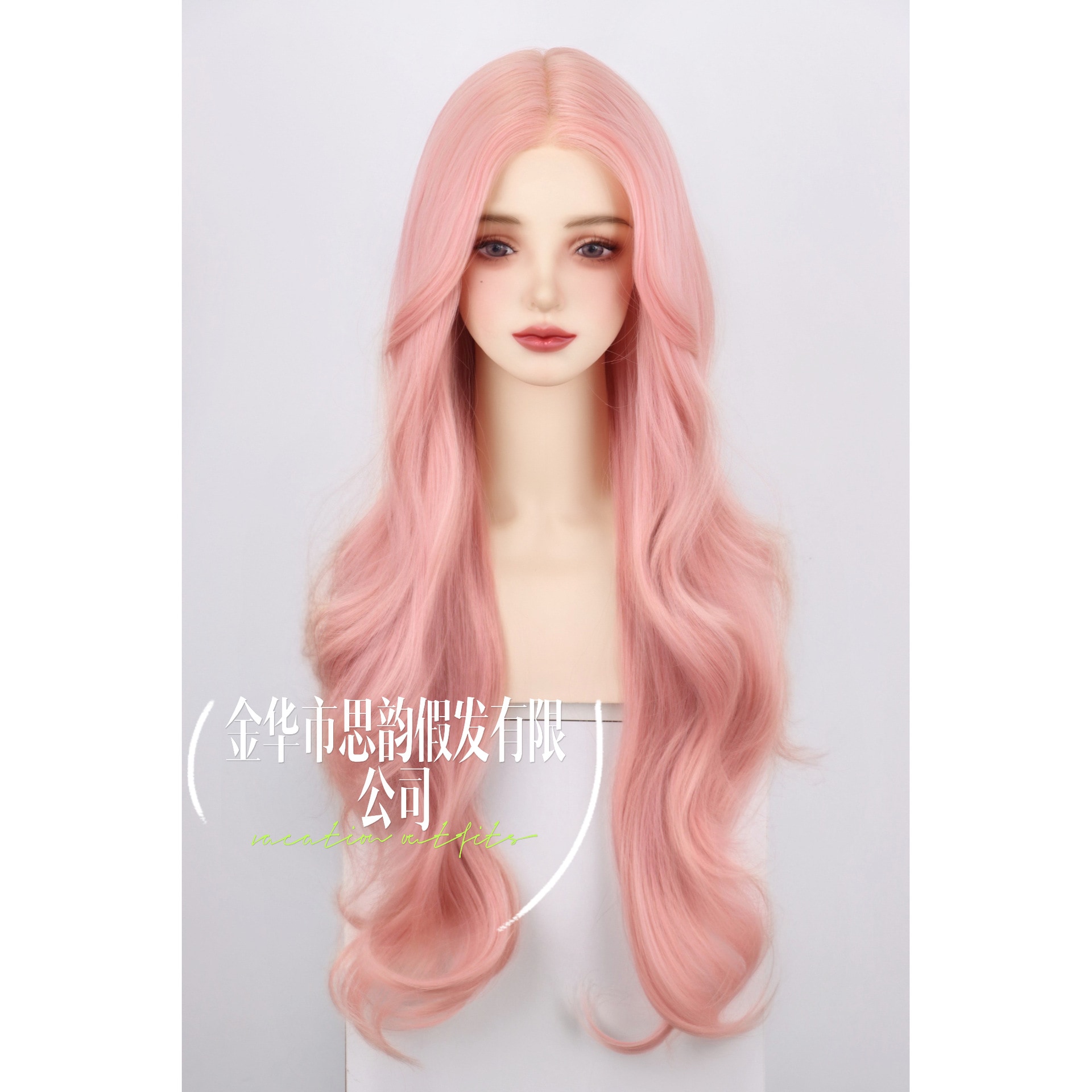 手編みt字型フロントレースピンクセンター分け前髪ロングカーリーウィッグ女性模擬頭皮フルヘッドピースウィッグ