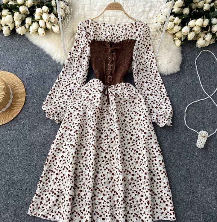 フランスの甘いデザイン感の小さい人たちは色にぶつかって偽の2つの長袖のワンピースのスカートの秋の女性の花の長いスカート 5,925円