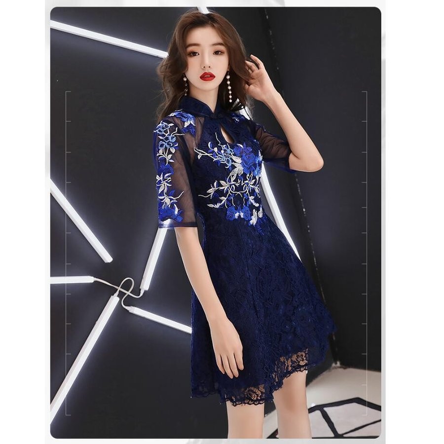 立ち襟 ミモレ丈ドレス ウエディングドレス 花嫁の介添え Aラインワンピ パーティードレス カラード