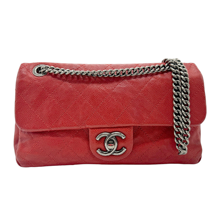 シャネル CHANEL ショルダーバッグ マトラッセ キャビアスキンレザー ダークレッド シルバー レディース n0340