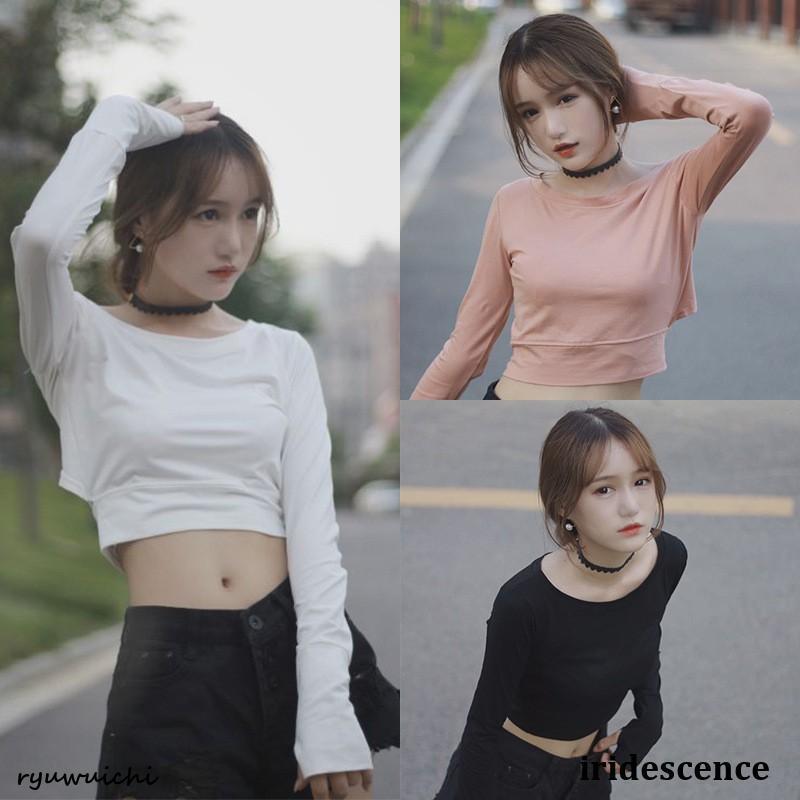ショート丈 トップス ダンス 長袖 韓国 へそ出し 無地 春 夏 おしゃれ 可愛い かわいい カットソー ロンt 背中見せ 背中開き レディース 黒 白 ピンク