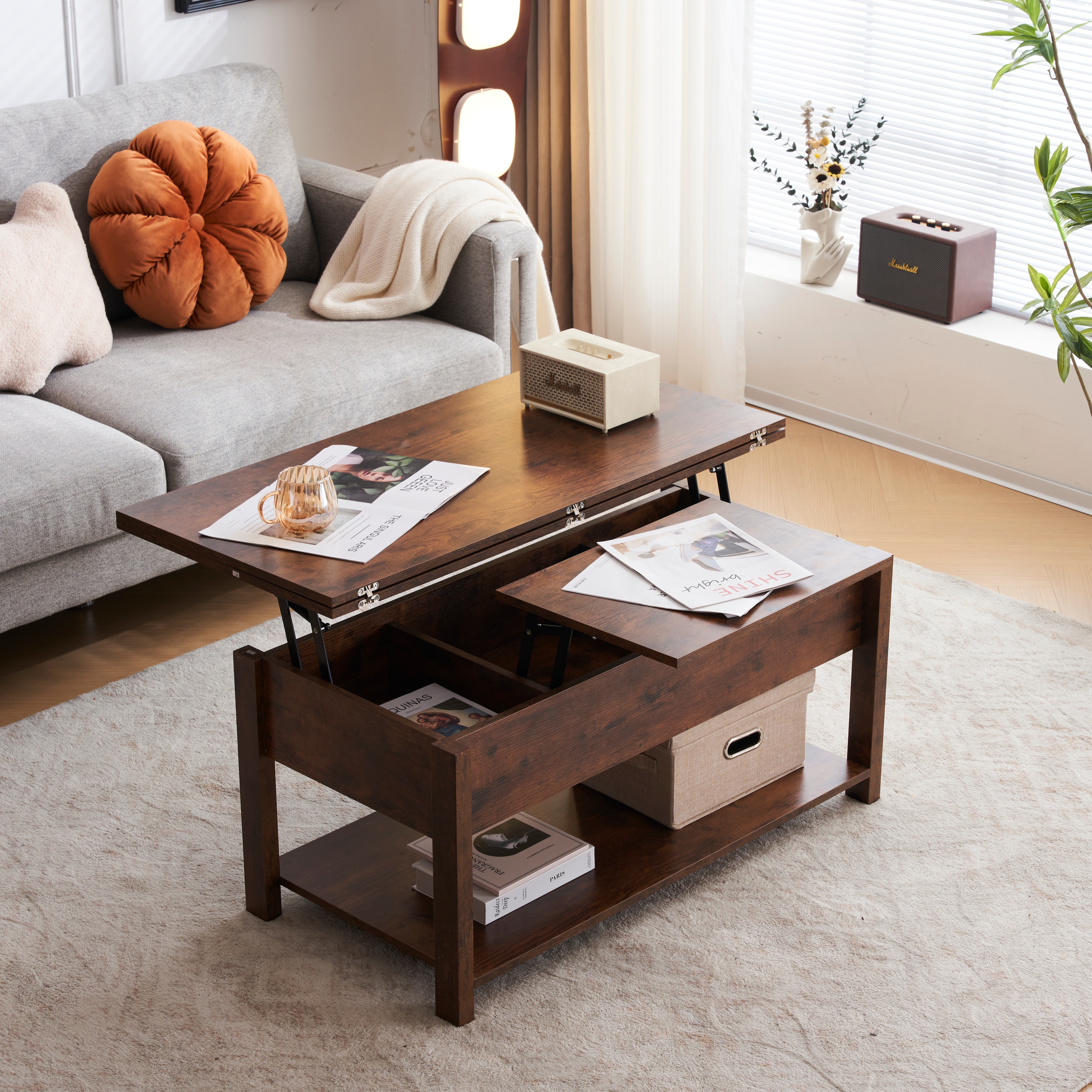 ローテーブル 収納付き テーブル センターテーブル 収納付き 天板昇降式 天板2倍展開可能 ローテーブル 高さ調整 大容量 簡単開閉 パソコンテーブル センターテーブル 昇降式 木製 組み立て簡単 収