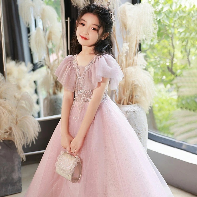 ピアノ発表会ドレス ロング ピンク 子供ドレス 姫系 女児ドレス 演奏会ドレス Vネック プリンセスドレス ロングドレス 可愛い キッズドレス 女の子ドレス フォーマル 100~160cm