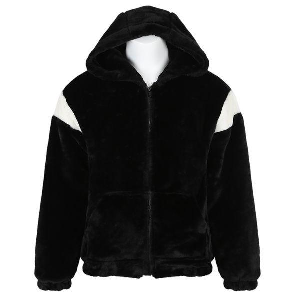 メンズ冬セミオーバーフィット配色極細糸フード付きジップアップジャンパー RB JUW Q054 ブラック_P409079521