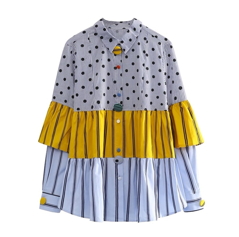 個性的 トップス シャツ ロング丈 襟付き ストレート 切り替えデザイン おしゃれボタン かわいい カジュアル おしゃれ お洒落 かっこいい ガーリー 個性的 クール 水玉 ストライプ 春 秋 10代