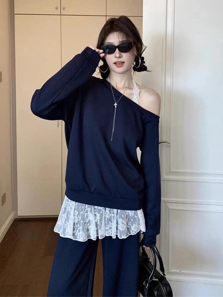 系 セットアップ セットアップ ルーズフィット SS25新作 オフショルダースウェット スウェット セットアップ 学生向け スリムシルエット 2点セット 新品掲載！レディース レ スポーツセットアップ