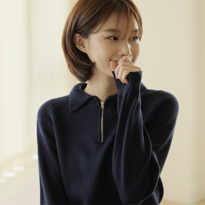 [韓国ファッション] クロップド丈 襟付き ハーフジップニット