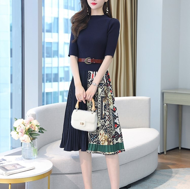 ニット ワンピース ワンピ ドレス Aライン ハイウエスト ハーフネック 切り替えし デザイン