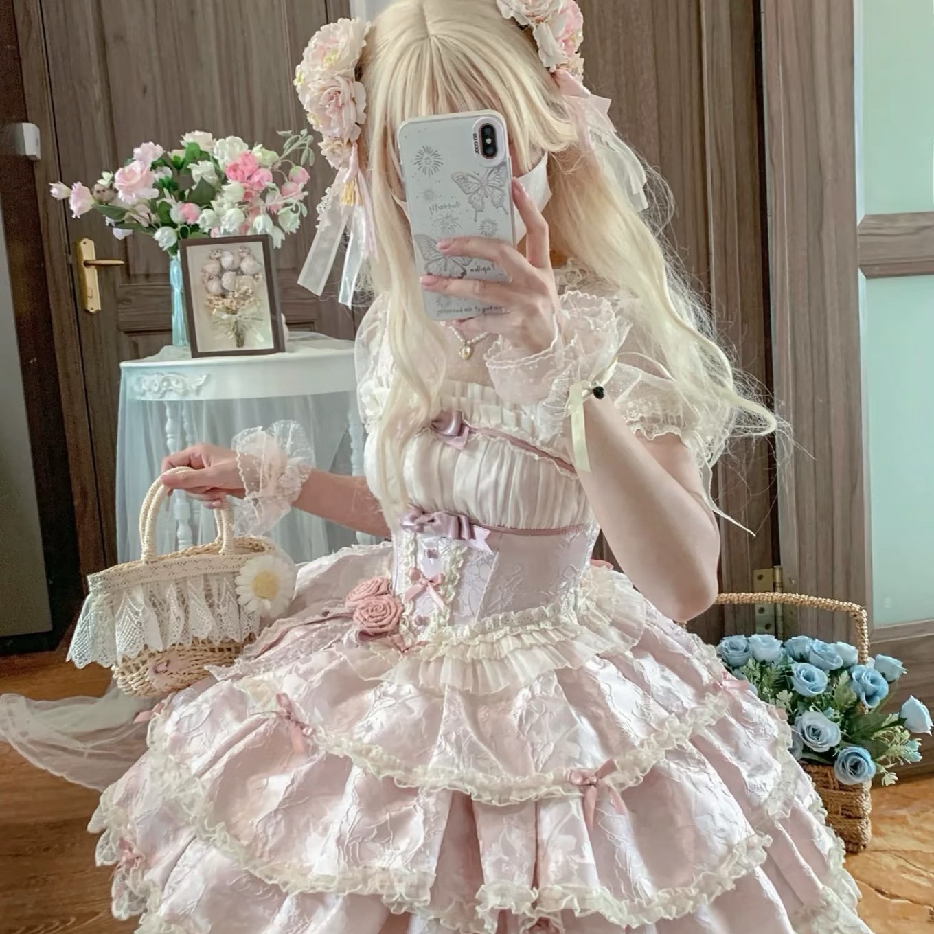 Lolitaソリッド洋服バレエdoll感ストラップ日常ワンピースロリータショートピンクスカート