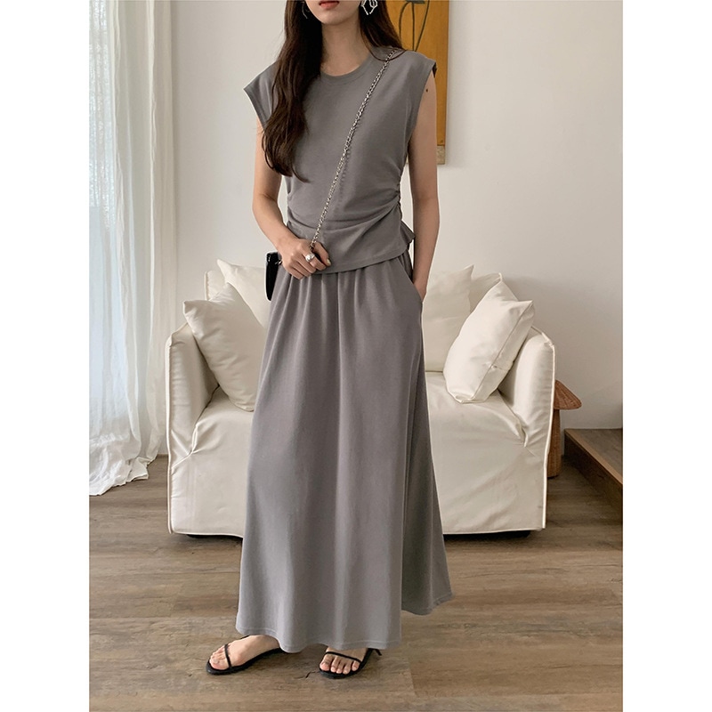 サマープリーツウエストノースリーブベストトップスaラインミモレ丈スカートw974a