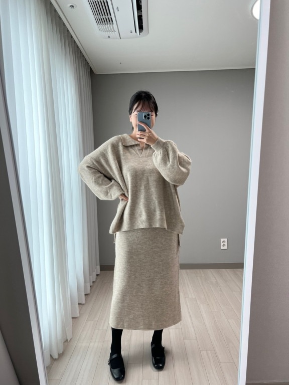 (55-99まで)3color カラー ニット スカートセット 上下セット ボックスフィット オーバーフィット ルーズフィット ビッグサイズ デイリールック 出勤ルック マーシールック ホームウェア