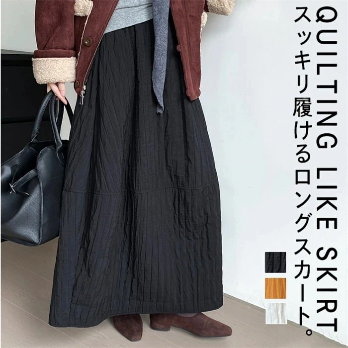 キルティング フレアスカート レディース ボトムス 冬 秋 ロング ロングスカート 中綿スカート キルトスカート 中綿 キルト ウエストゴム ハイウェストスカート aライン マキシスカート マキシ