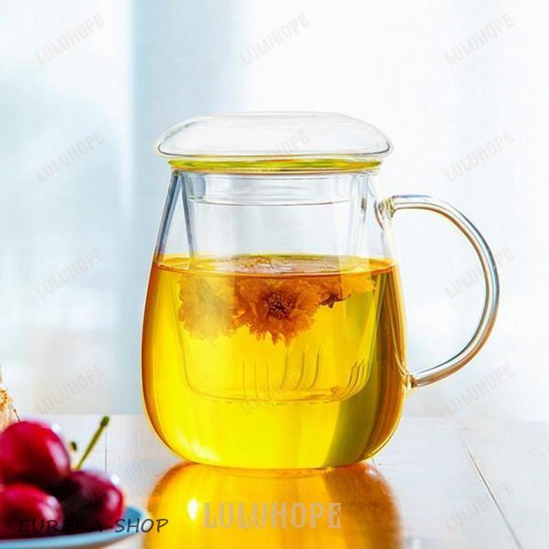 ガラスカップ マグ 透明 ダブルウォールグラス 分離式 冷水熱湯OK 茶こし付き 蓋付き 紅茶 保温 耐熱 直火可 おしゃれ 大容量