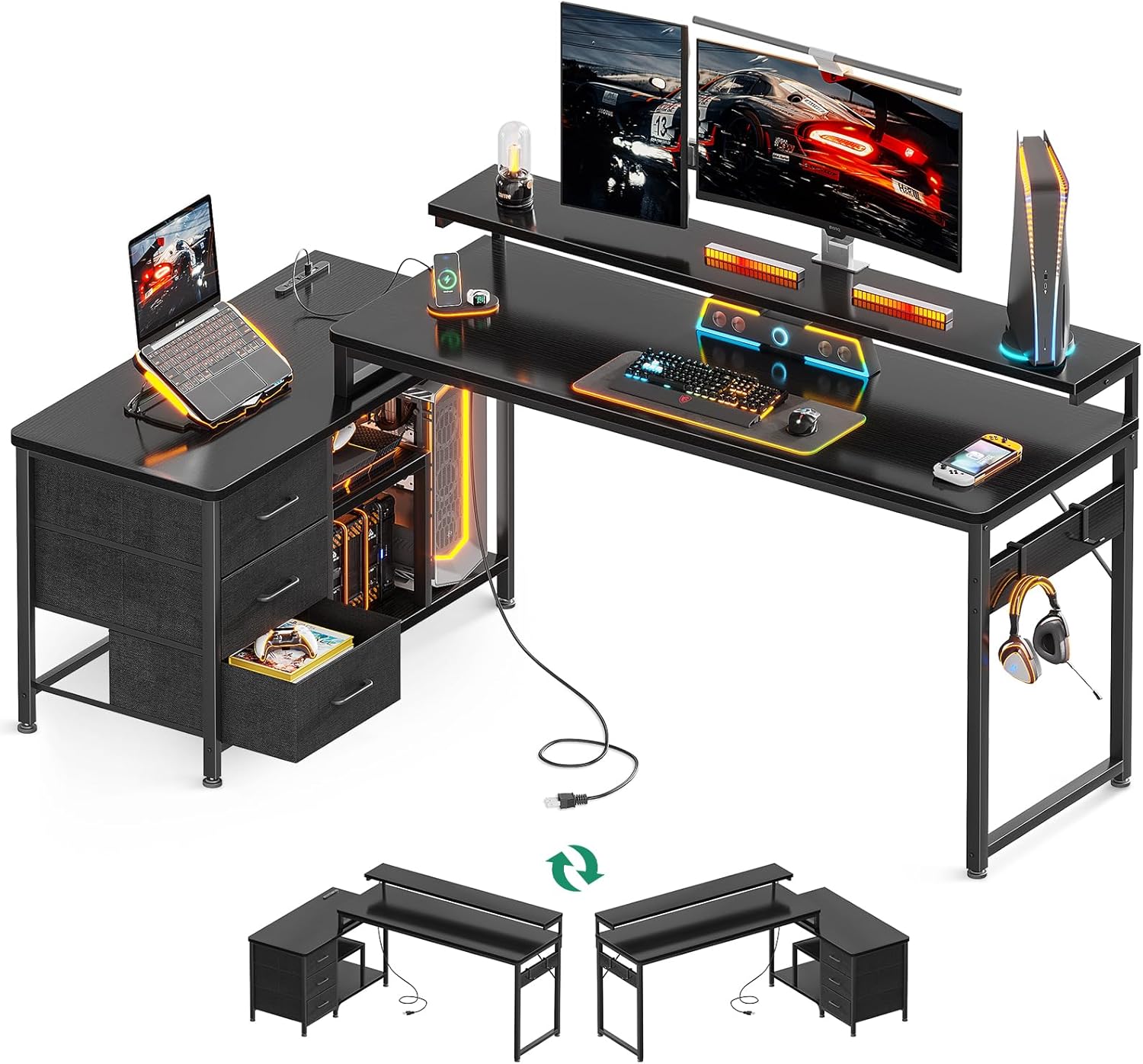パソコンデスク 引き出し付き ゲーミングデスク コンセント付き l字デスク デスク 机 幅173*100 pcデスク 棚付き コーナーデスク 収納 エル字デスク オフィスデスク 仕事用 在宅勤務 組立