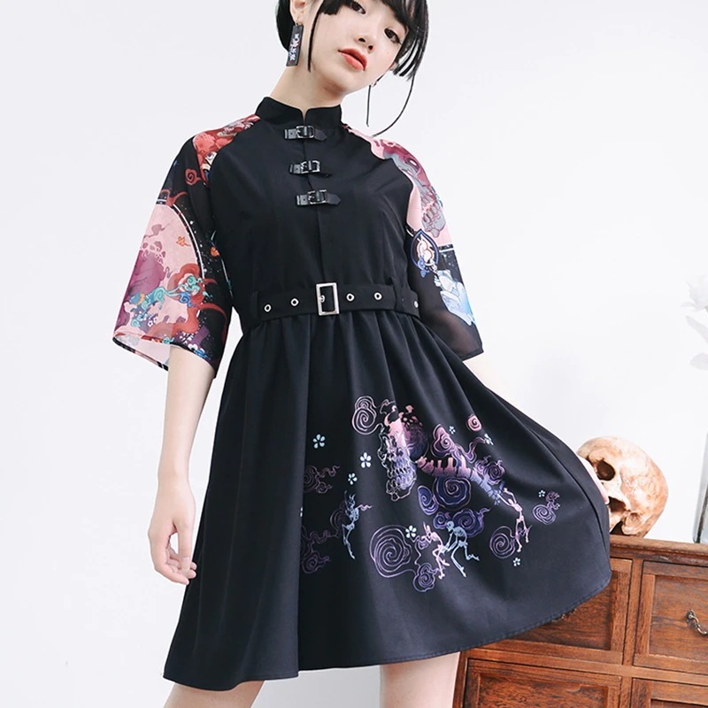 チャイナ風ワンピース 春夏 五分袖ワンピース 和風プリント 半袖 暗黒系 ショート丈 ベルト付き