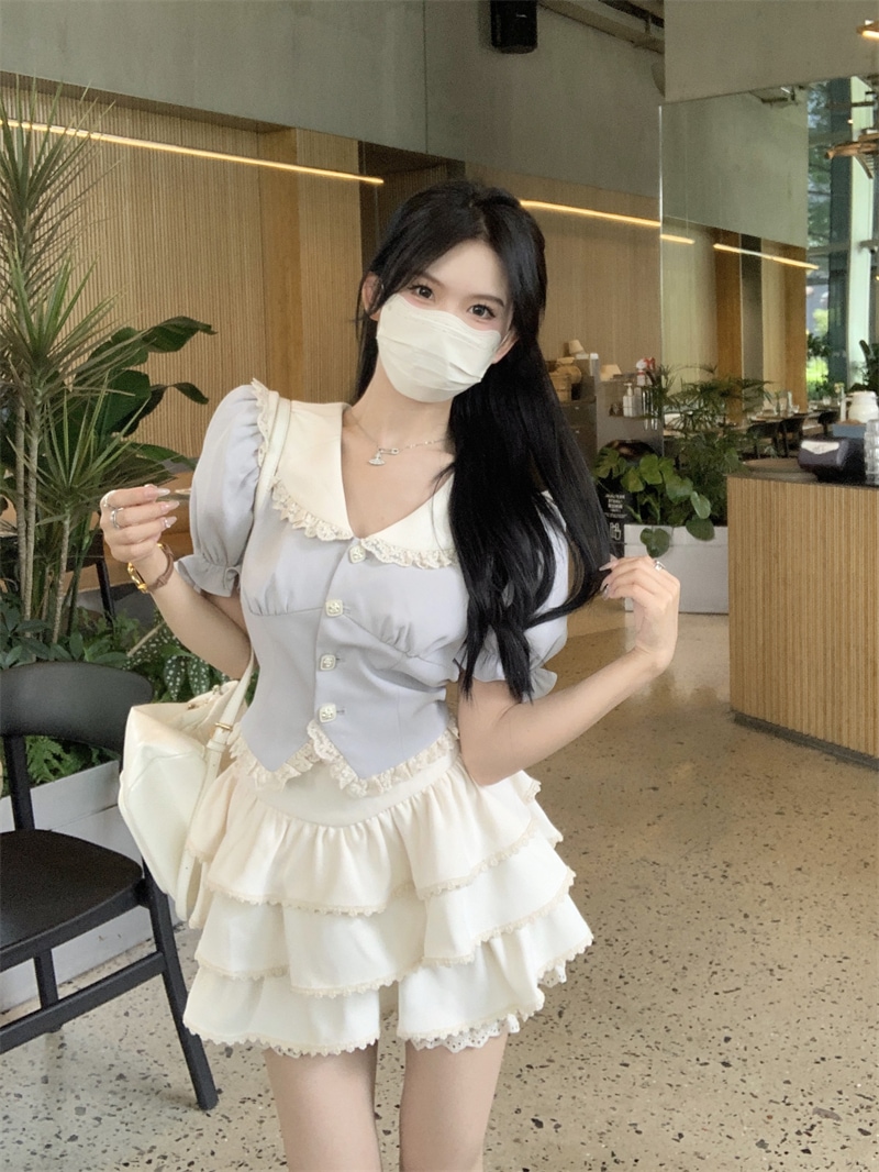 Sweet Girl ネイビーカラー カレッジスタイル Jk 制服 パフ半袖 年齢軽減 パフィーケーキスカート スーツ 夏