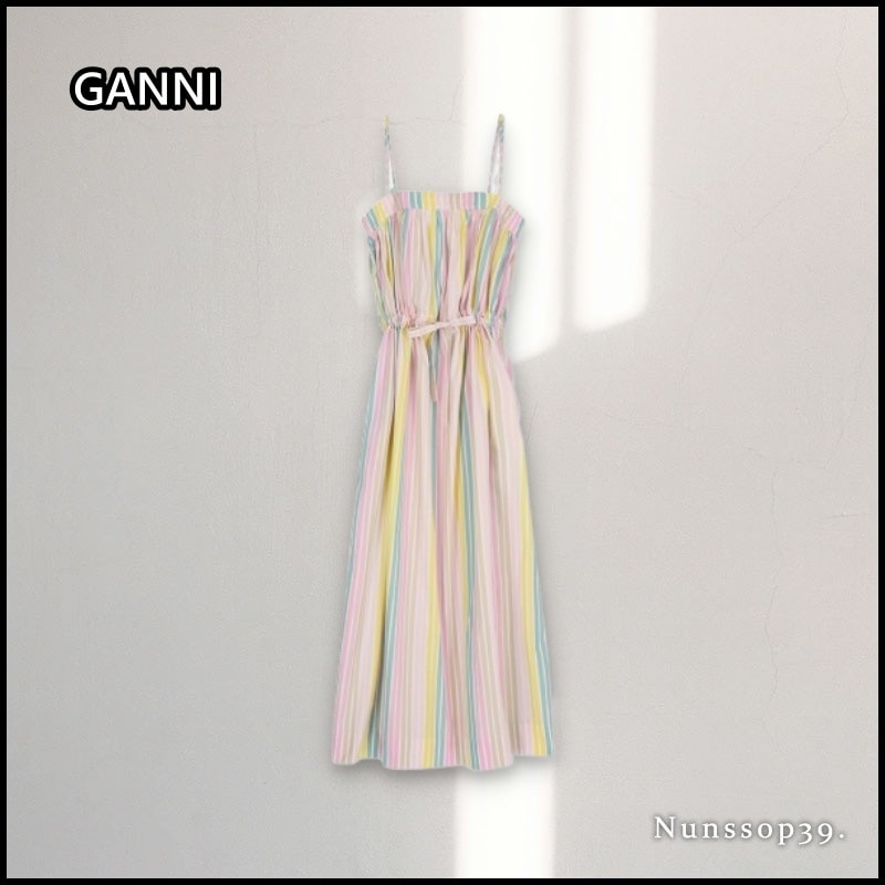 【GANNI】STRIPE COTTON MAXI STRAP ONEPIECE