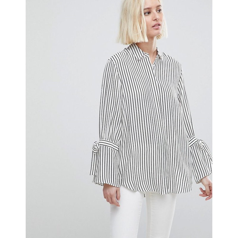 リバーアイランド レディース トップス ブラウス・シャツ【River Island Tie Sleeve Stripe Shirt】White stripe リバーアイランド レディース トップス ブラウス・シャツ【River Island Tie Sleeve Stripe Shirt】White stripe