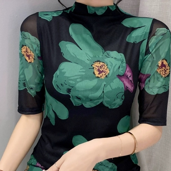 レディース トップス カットソー プルオーバー ミディアム丈 半袖 ハイネック 透け感 シースルー かわいい 大人可愛い きれいめ シンプル カジュアル 上品 おしゃれ かっこいい レトロ