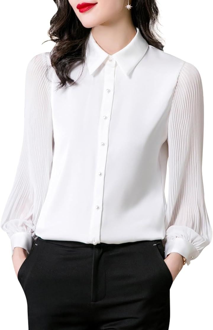 ワイシャツ レディース 長袖 プリーツ袖 パフスリーブ シアー 無地 上品 オフィス(ホワイト, XL)