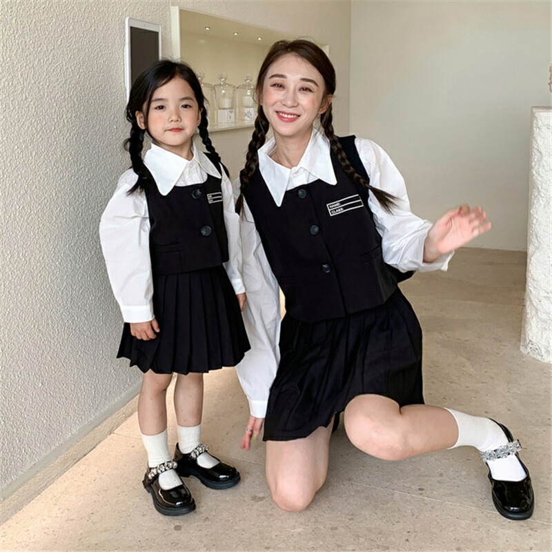 親子 ペアルック 赤ちゃん 3点 セット シャツ ベスト スカート 無地 カジュアル 親子ペアルック 秋 冬 トップス ママ 女の子 ペアルック 親子 ブランド セットアップ 長袖 パパ 親子お揃い服