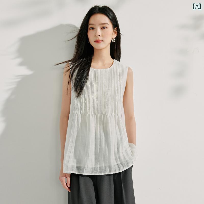 レディース　　シャツ　トップス リネン イン マン ホワイト プリーツ ベビー ドール シャツ レディース 2025 夏 通勤 ノースリーブ ショート トップ