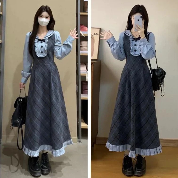 2026年 春秋新作 ワンピース カラーブロック ロングスリーブ 学園風 若見え ロング丈