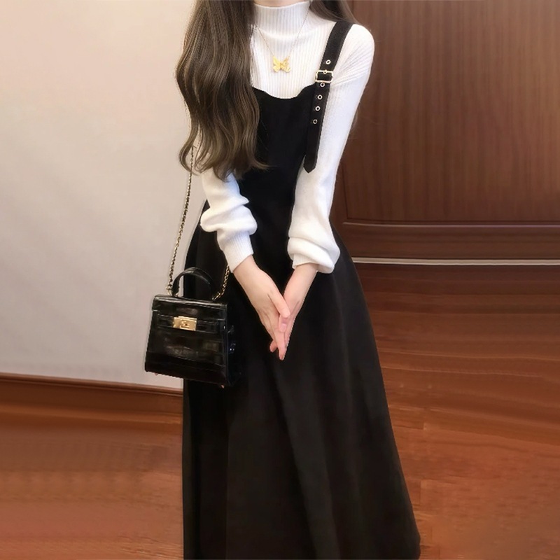 冬のワンピース 2枚セットの女性用秋服新型高級感フレンチレトロブラックのサロペットワンピース