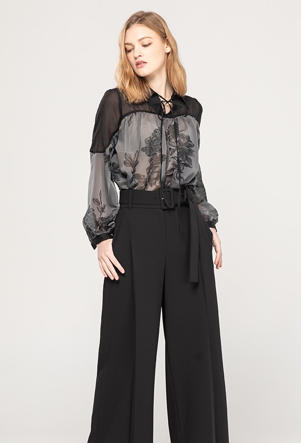 シルキーな手触りTwo-tone Silk Blouse Black