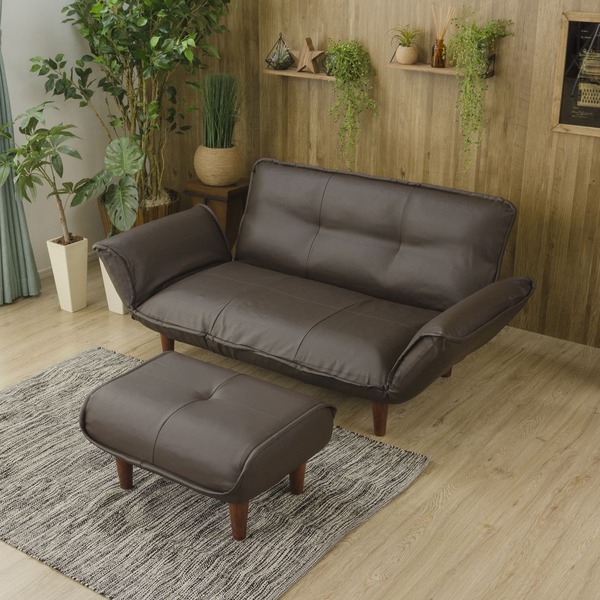 日本製 リクライニングソファー/ローソファー 2人掛け オットマン付き PVC生地 ブラウン 脚部：ブラウン 幅131cm 脚付き