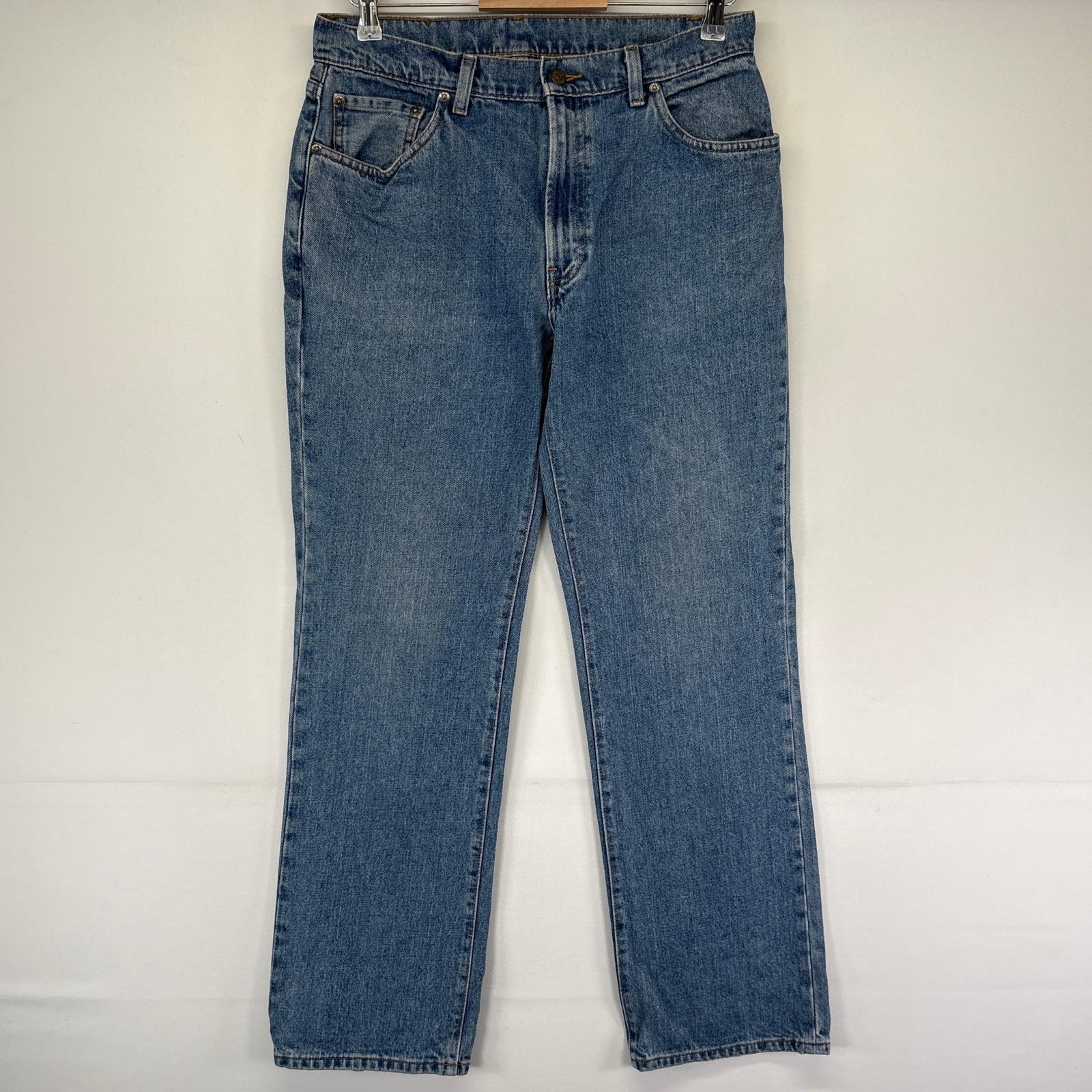 古着 デニムパンツ ストレート ジーンズ ジーパン 5ポケット 長ズボン レザーパッチ w31 L32 ブルー メンズ