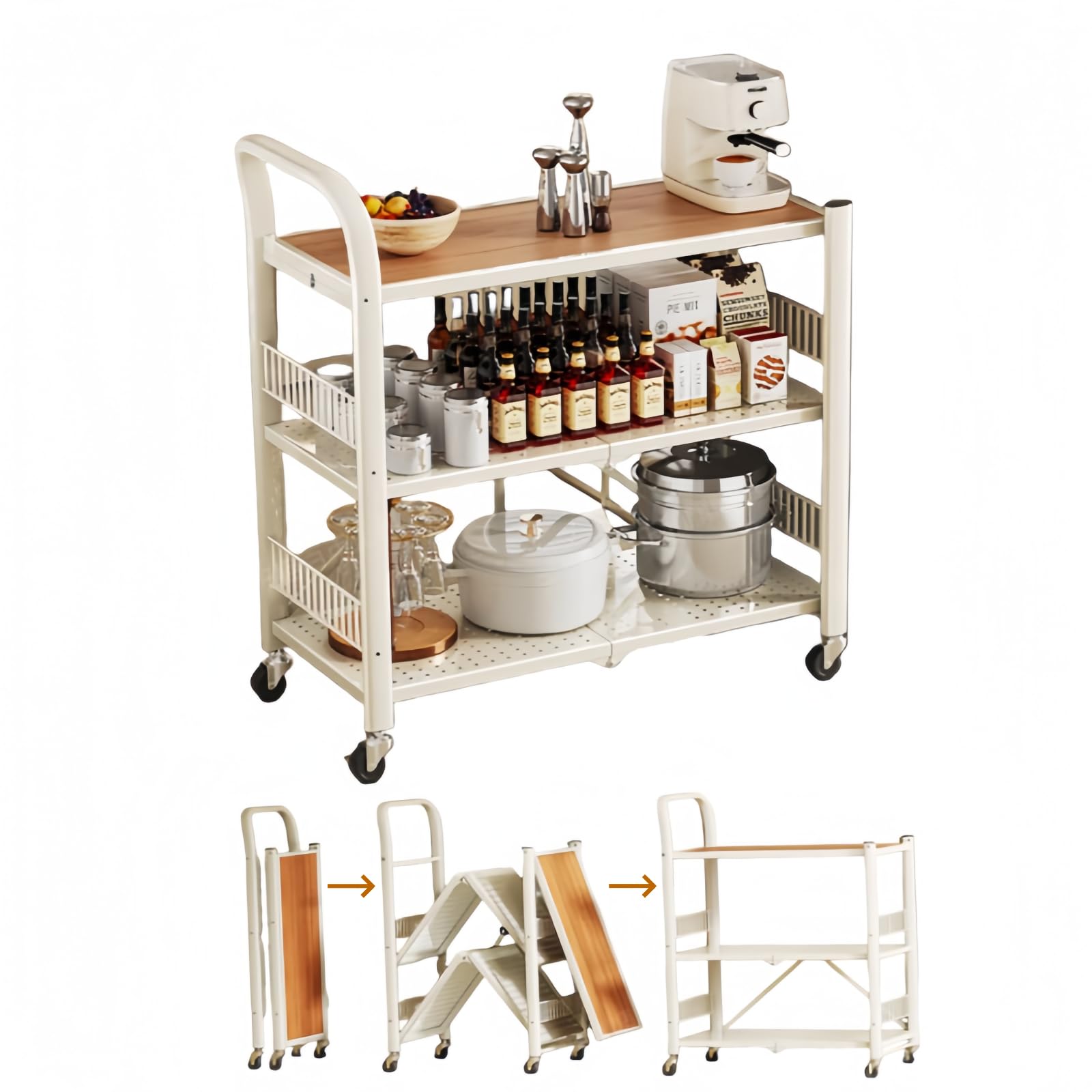 JOOHY キッチンワゴン 収納カート 折りたたみラック ペットボトル収納 キッチンラック 台所キッチン用 洗濯室収納 調味料ワゴン トローリー ローリーグラック 移動式棚 食器収納棚 完成品 多機能