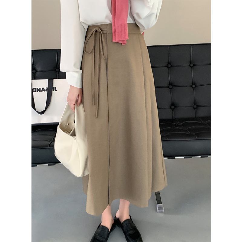 スカート ラップ プリーツ ミモレ丈 膝下 ウエストリボン ハイウエスト カーキ グレー 個性的 無地 春 夏 秋 冬 オールシーズン デート お出かけ レディース 女性用 10代 20代 30代